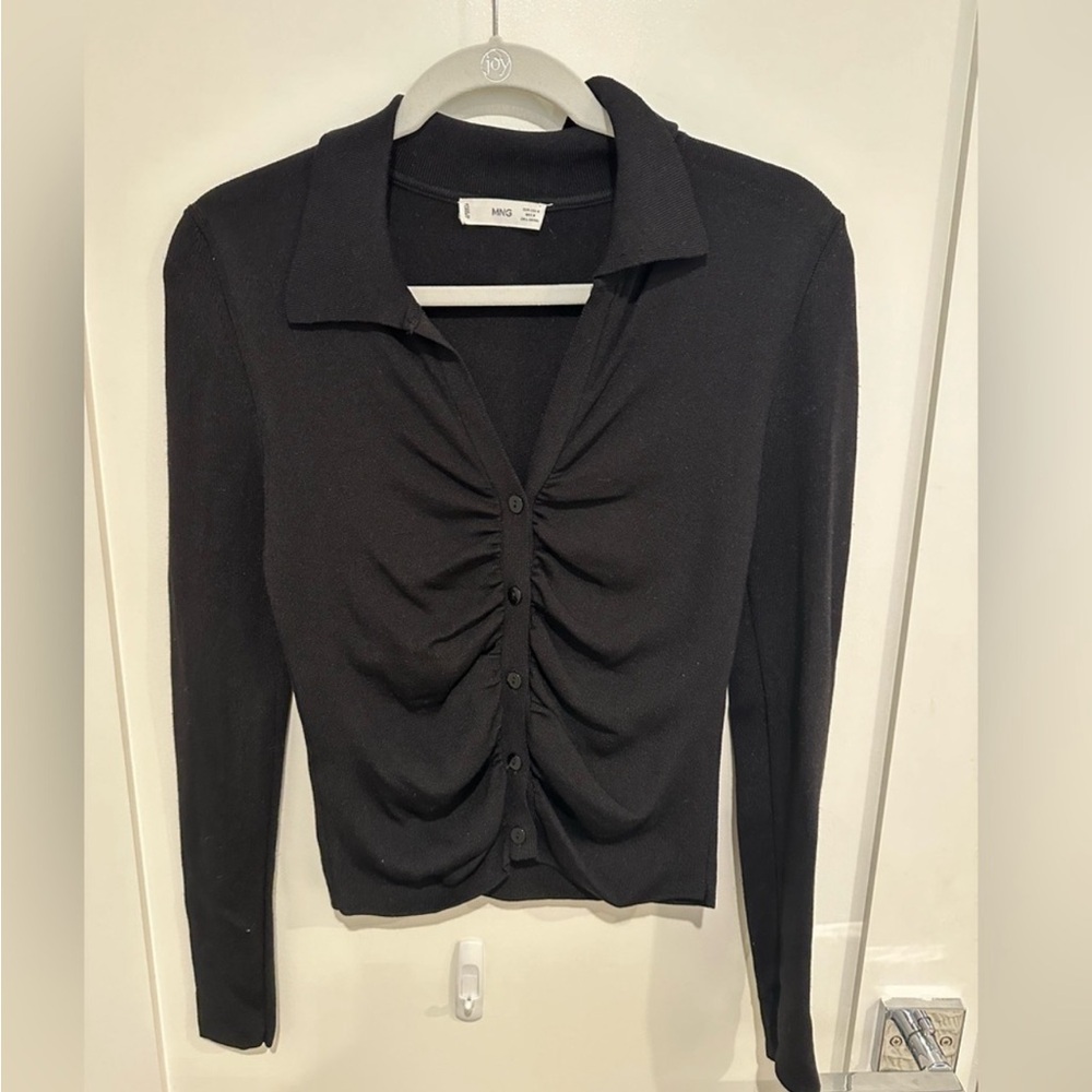 Mango Fine Knit Button Front Top with Ruching Detail
